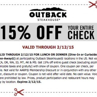 Outback Steakhouse: 15% Off Entire Check