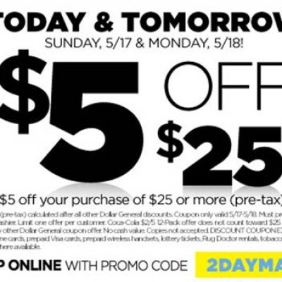 Dollar General: $5 Off $25 - Ends 5/18