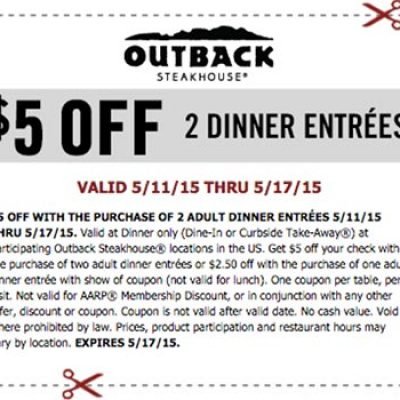 Outback: $5 Off 2 Dinner Entrees