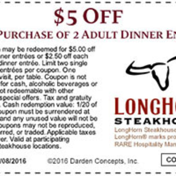 Longhorn 5 Off 2 Adult Entrees Oh Yes It's Free