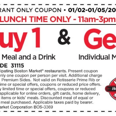 Boston Market: Lunch BOGO Free Meal Coupon - Ends 01/05