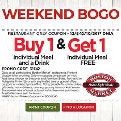 Boston Market: Weekend BOGO Meal - Ends 12/12