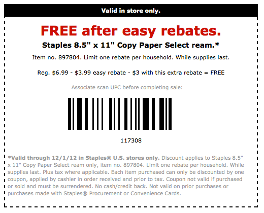 Staples: Free Copy Paper After Rebate