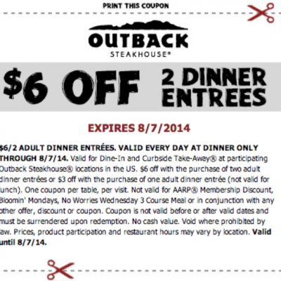 Outback Steakhouse: $6 Off (2) Entrees