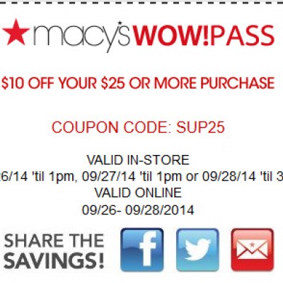 Macy's $10 Off $25 On 9/27 & 9/28