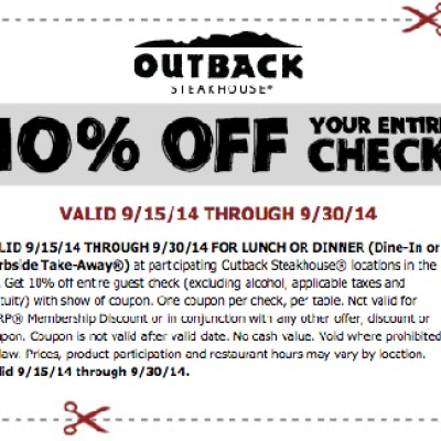 Outback Steakhouse: 10% Off Your Entire Check
