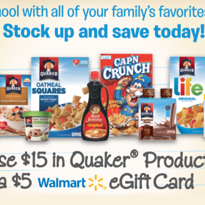 Free $5 Walmart eGift Card W/ $15 Quaker Purchase - Ends 9/30