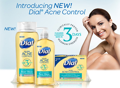 Woman sitting with Dial Acne Control products