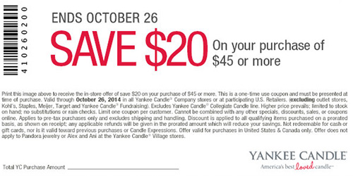Yankee Candle $20 off $45 coupon