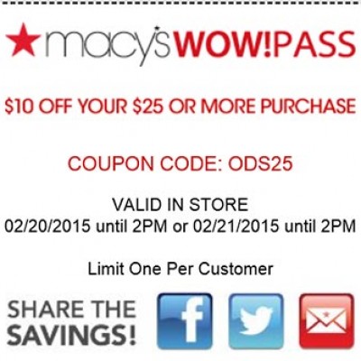 Macy's WowPass: $10 Off $25 Or More - Until 2PM