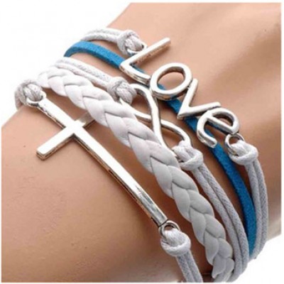 Silver Infinite Bracelet Love White Blue Leather Rope Cross Infinity Only $0.96 + Free Shipping