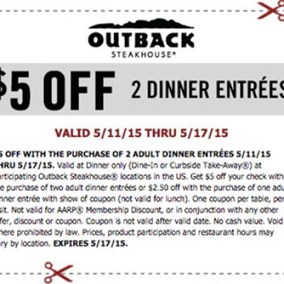 Outback: $5 Off 2 Dinner Entrees