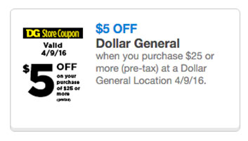 Dollar General $5 Off $25