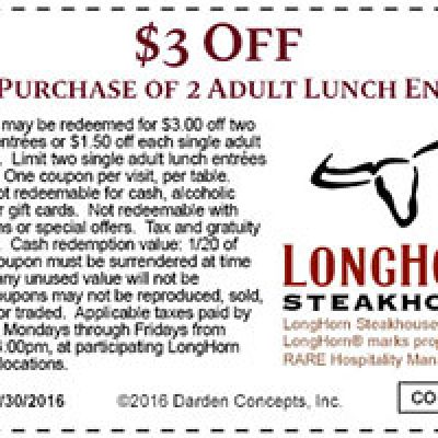 Longhorn Steakhouse: $3 Off 2 Adult Lunch Entrees