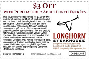 Longhorn Steakhouse: $3 Off 2 Adult Lunch Entrees
