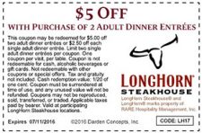 Longhorn Steakhouse: $5 Off 2 Adult Dinner Entrees