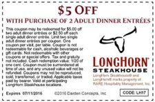 Longhorn Steakhouse: $5 Off 2 Adult Dinner Entrees