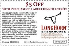 Longhorn: $5 Off 2 Adult Entrees