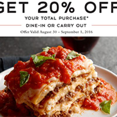 Macaroni Grill: 20% Off Purchase Until Sept 1st