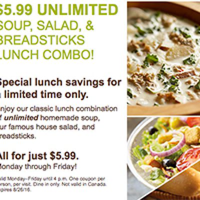 Olive Garden: Lunch $6.99 Unlimited Soup, Salad & Breadsticks