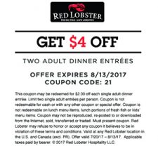 Red Lobster: $4 Off 2 Adult Dinner Entrees