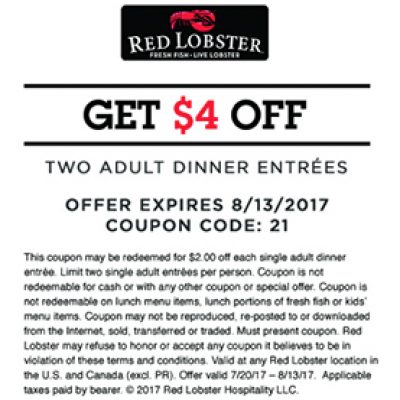 Red Lobster: $4 Off 2 Adult Dinner Entrees