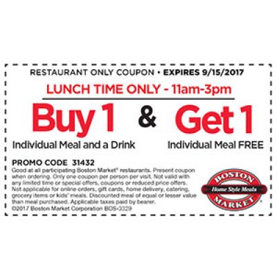 Boston Market: BOGO Free Meal @ Lunch - Ends 9/15