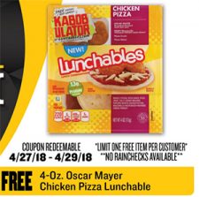 Don't miss Free Item Friday from Just Save Foods to score a coupon for a free 4oz Oscar Mayer Chicken Pizza Lunchable that is redeemable 4/27 - 4/29. Just register and then check your Friday email.